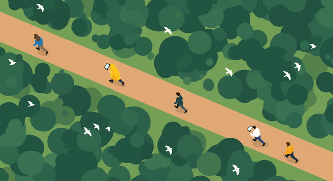 People jogging on a path through a forest.