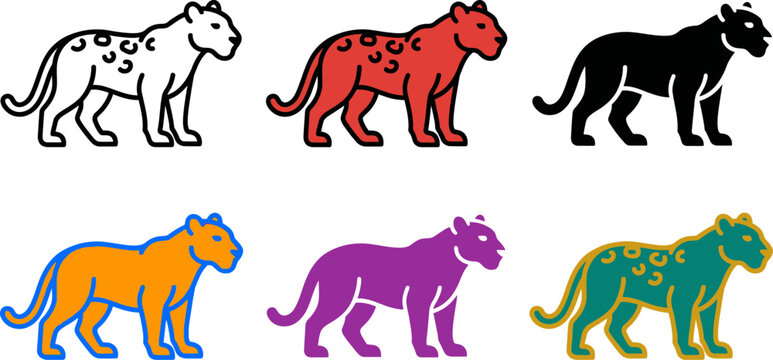 Colorful illustration set of leopards in different colors and styles walking sideways