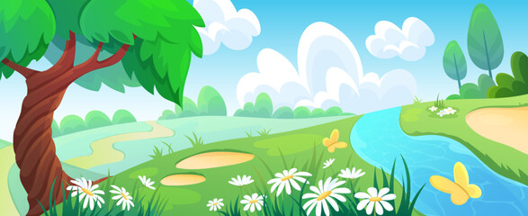 Obraz premium Meadow landscape with daisy flowers and spring field background. Lush grass, winding river and garden scenery under blue sky. Vector hill illustration with cartoon stream and green forest meadow.
