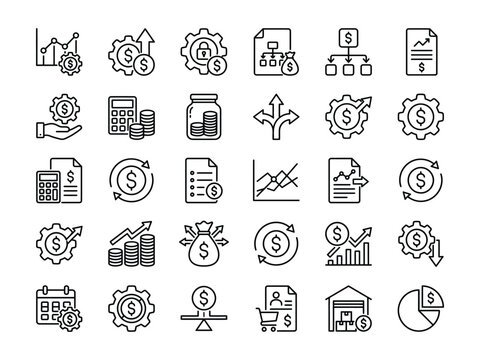 Collection of various black line icons related to finance and business on white background