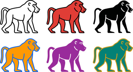 Colorful monkey icons in different colors and styles walking  various primate illustrations © Khatunay JANNATARA