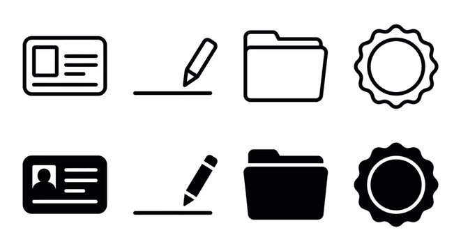 Icon set of identification card, pencil, folder, and badge in black and white