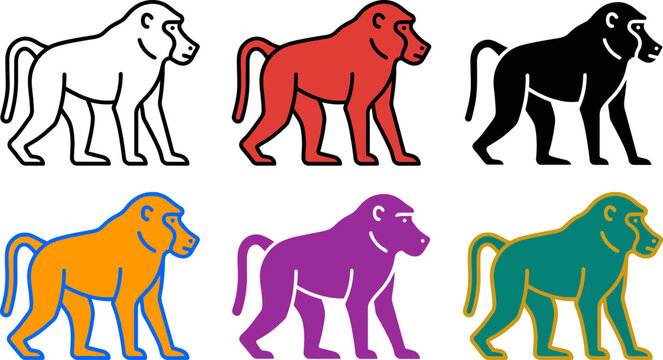 Colorful monkey icons in different colors and styles walking  various primate illustrations