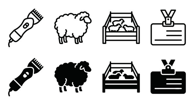 Sheep shearing equipment and livestock icons in monochrome