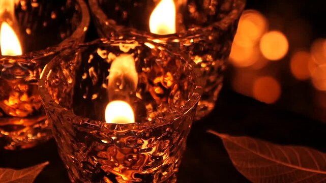 Shimmering Glass Candlelight with Skeleton Leaves &ndash; Close-Up (Left)