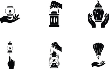 Fototapeta premium Collection of illustrative icons depicting hands holding and interacting with various types of lanterns and lamps