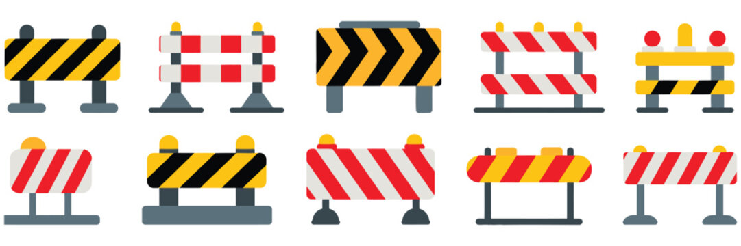 Construction road barriers, flat design safety fences, street barricades, road repair elements, under construction traffic control symbols.