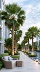 Fototapeta premium An empty pool area at a resort shows lounge seating and green space, providing a great setting for relaxing with family or friends