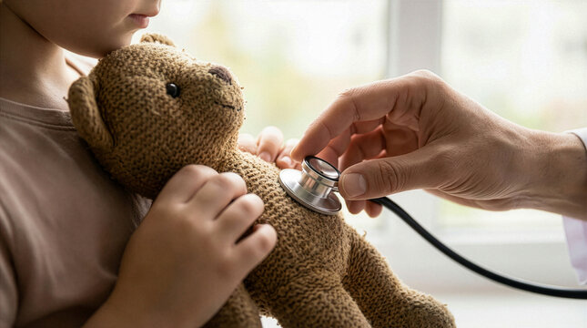 A close up of a pediatrician using a stethoscope on a child's teddy bear in a clinic