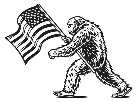 Vector illustration bigfoot holding an american flag