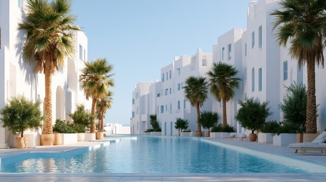 A modern poolside area at a luxury resort with two lounge chairs and palm trees, overlooking the ocean during sunset