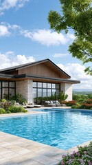 Fototapeta premium A luxury resort features minimalist design with large windows and open spaces for branding. The setting is ideal for high-end vacations