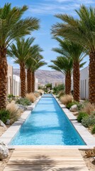 Fototapeta premium A luxury resort features a bright blue pool surrounded by minimalist white buildings, green trees, and lounge areas for relaxation