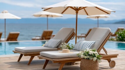 Obraz premium A luxury resort features a bright blue pool surrounded by minimalist white buildings, green trees, and lounge areas for relaxation