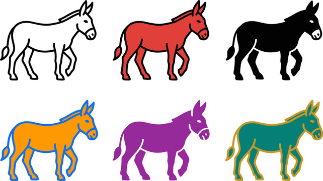 Six colorful donkey icons in different colors and styles walking to the right side