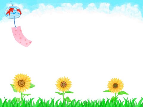 白バックに青空に風鈴とひまわり3本、草が入った背景素材イラスト