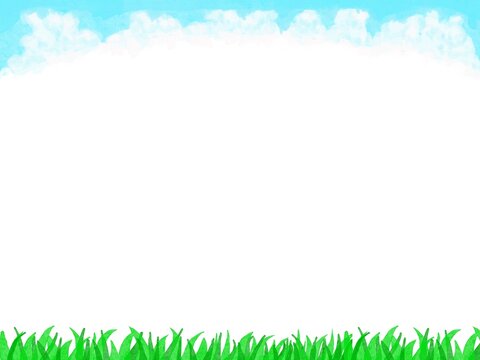 白バックに入道雲の空と草原がある背景素材イラスト
