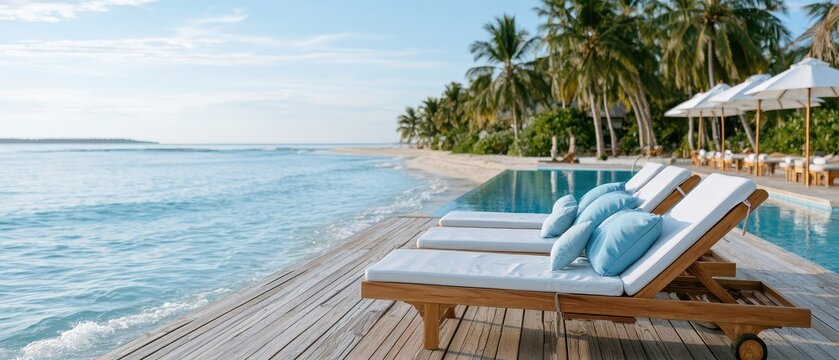 A seating area with cushions and a large umbrella is set against a stunning sunset view