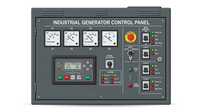Industrial generator control panel with gauges switches and digital display isolated on white background for power generation and automation concepts