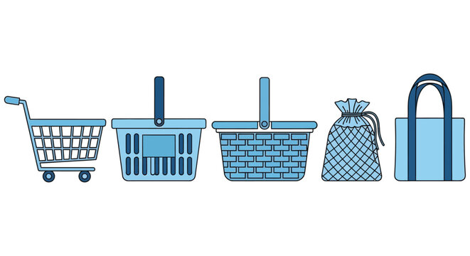 Shopping carts baskets and tote bags in a blue line art illustration