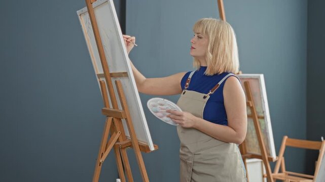 Woman blonde painter wearing apron and blue top, painting on canvas at wooden easel with brush and palette, hand poised while standing in studio; serene focus.