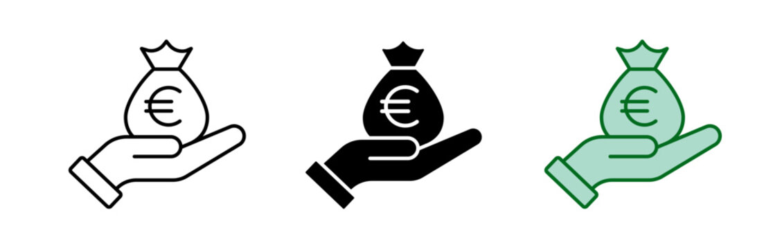 Euro Money Bag in Hand Icon Set, Finance Wealth and European Currency Symbols Vector