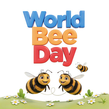 3 d bee day text with two cartoon bees and white flowers