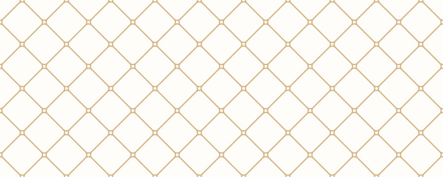 Golden diagonal cross line grid seamless pattern with tiny star. Diamond shaped outline background. Abstract geometric print. Minimalist repeat backdrop with metallic wire texture. Vector illustration