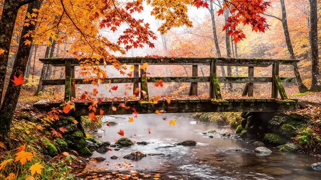 Wooden bridge over stream in autumn forest