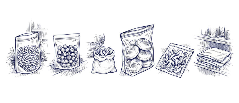 Dry food storage bag sketch illustration set showing preserved ingredients in pantry context, featuring beans, nuts, mushrooms in plastic zipper pouches with engraving line art drawing style concepts.