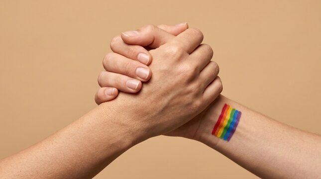 Hands Clasped in Unity with Rainbow Symbol