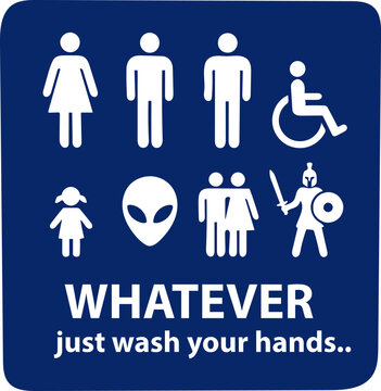 Humorous restroom sign featuring diverse pictograms and sarcastic hygiene reminder