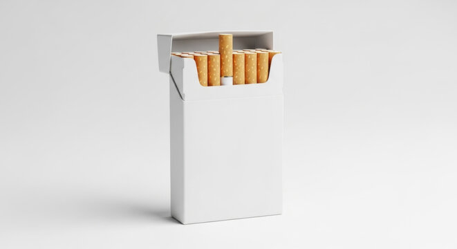 A white cigarette pack with several cigarettes exposed on a plain surface