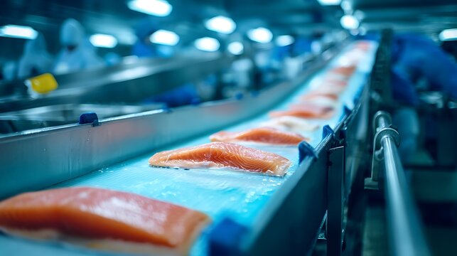 Fresh Salmon Fillets Moving Along An Industrial Processing Conveyor Belt.