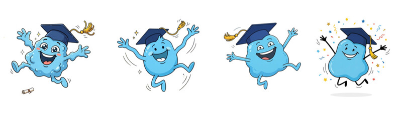 Fototapeta premium Four happy blue monster mascots wearing graduation caps jump for joy while isolated on a white background for educational banners.
