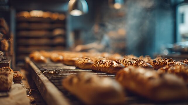 Fresh artisan bread loaves baking on a conveyor belt in a professional bakery kitchen.