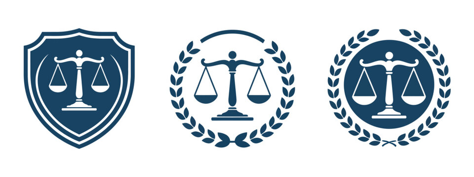 Law firm logo, elegant scales of justice graphics for legal services, attorney branding and corporate law office representation.