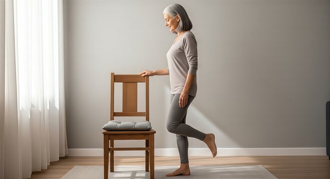 Mature woman doing balance exercise near chair at home, showing fall prevention, mobility training, and realistic preventive healthcare for healthy aging.