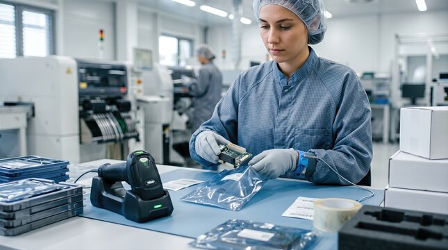 Finished circuit boards are packed into anti static protection during traceability and logistics preparation in electronics manufacturing environment with clean workflow.