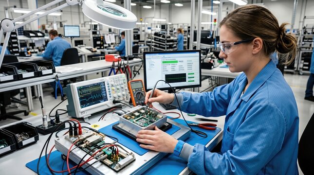 Electronics manufacturer performs end of line testing on finished module using professional fixture and probes during quality assurance and product validation workflow.