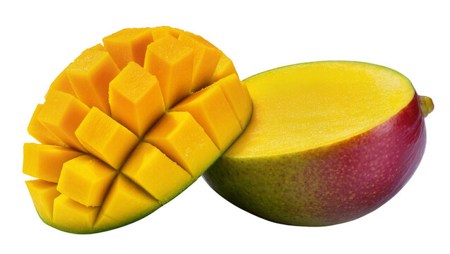Ripe mango cut in half with diced flesh and whole fruit