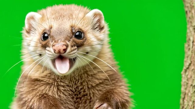 Little stoat grooming itself and licking paws on green screen