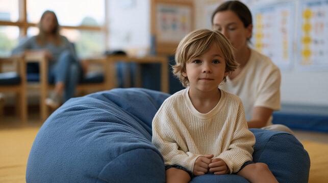 A pediatric occupational therapist guides a young child through a sensory integration exercise using weighted beanbags in a brightly equipped clinic, the child concentrating