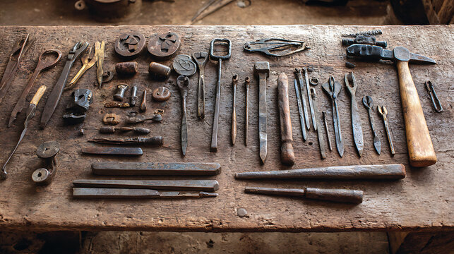 various metal tools on rustic table 