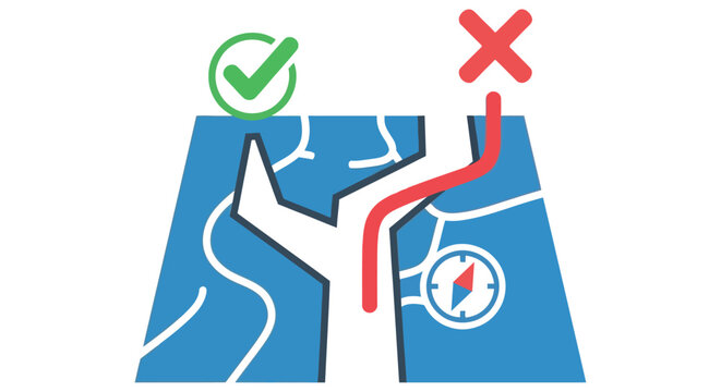 Navigation route showing a correct path and a wrong turn indicated