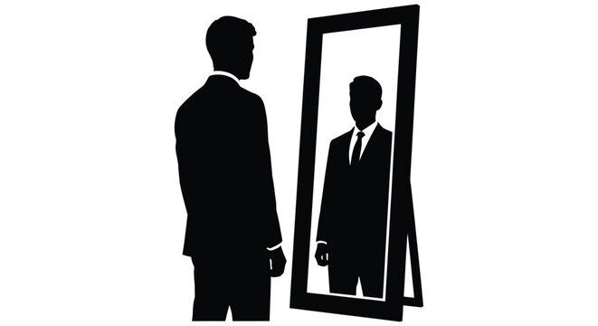 A man in a suit looks at his reflection in a freestanding mirror