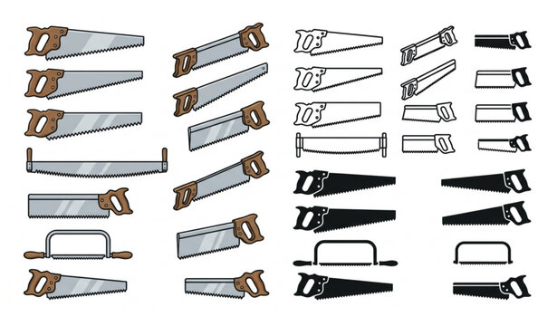Hand Saw Vector Icon Set with Carpenter Woodworking Tools Isolated on White Background