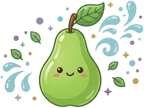 Cute pear vector illustration, fresh green pear with leaf, smooth glossy surface, kawaii fruit icon, flat design, children's educational flashcard, isolated on white background.