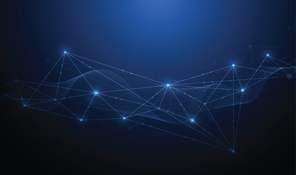 Abstract digital technology background with glowing network nodes connecting lines and particle wave on dark blue.