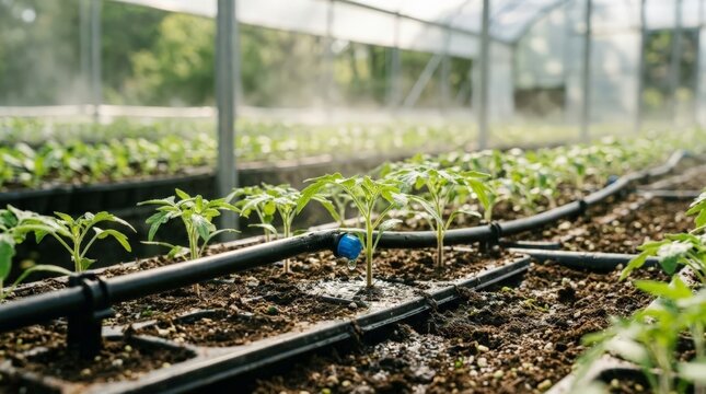 Automated Greenhouse Dripline Delivering Precise Moisture Close View Of Tubing And Emitters Above Seed Trays Evenly Spaced Condensation On Glass Controlled Environment Agriculture Nutrient